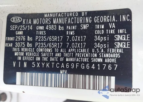 2015 Kia Sorento Lx из США, поврежденный, VIN 5XYKTCA69FG641767